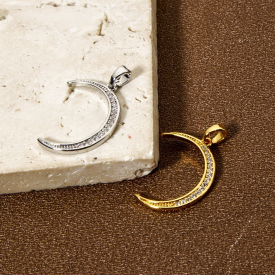 Immagine di 2 Pz Ecologico Ottone Ciondoli Vero Oro Placcato Luna Nuova Micro Spianare Trasparente Cubic Zirconiae 26mm x 16mm