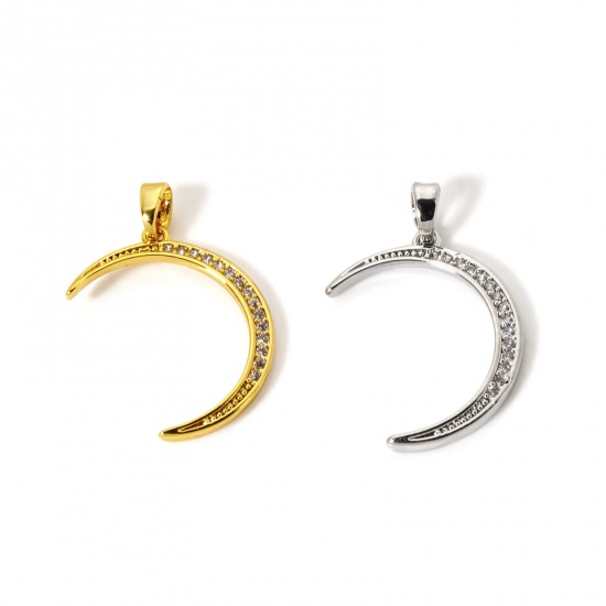 Immagine di 2 Pz Ecologico Ottone Ciondoli Vero Oro Placcato Luna Nuova Micro Spianare Trasparente Cubic Zirconiae 26mm x 16mm