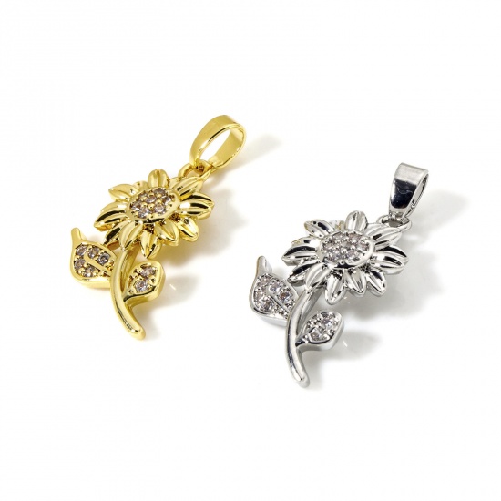 Bild von Umweltfreundlich Messing Flora Kollektion Charms Echtgold plattiert Sonnenblume Micro Pave Klar Kubischer Zirkon 25mm x 12mm