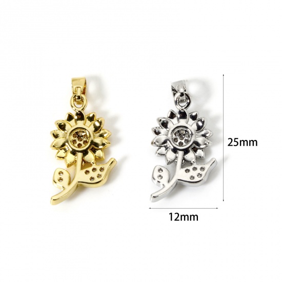 Bild von Umweltfreundlich Messing Flora Kollektion Charms Echtgold plattiert Sonnenblume Micro Pave Klar Kubischer Zirkon 25mm x 12mm