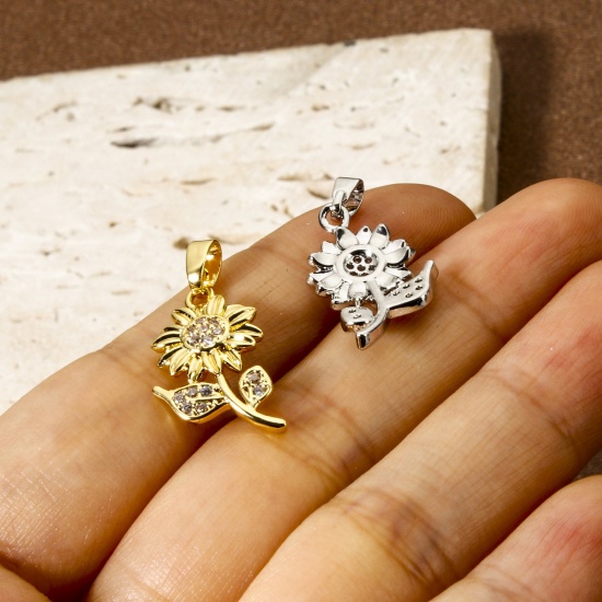 Bild von Umweltfreundlich Messing Flora Kollektion Charms Echtgold plattiert Sonnenblume Micro Pave Klar Kubischer Zirkon 25mm x 12mm