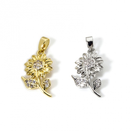 Bild von Umweltfreundlich Messing Flora Kollektion Charms Echtgold plattiert Sonnenblume Micro Pave Klar Kubischer Zirkon 25mm x 12mm