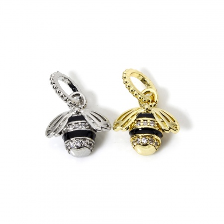 2 Pcs Breloques Insecte en Laiton Multicolore Noir Émail Abeille 3D à Zircone Cubique Clair 19mm x 12.5mm