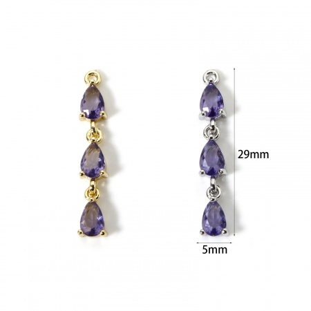 1 Piece Brass Charms Drop Purple Cubic Zirconia 29mm x 5mm