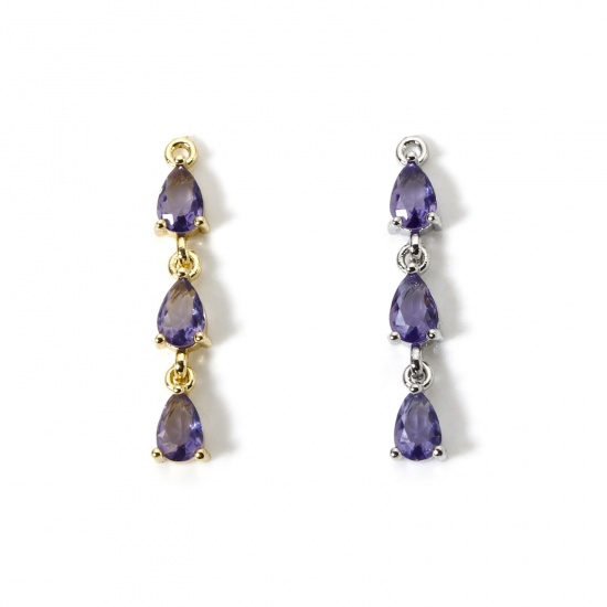 Bild von 1 Piece Brass Charms Drop Purple Cubic Zirconia 29mm x 5mm