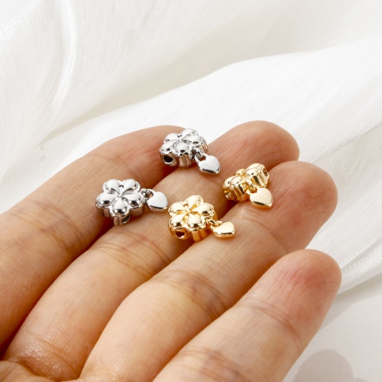Picture of Eco-friendly Brass Flora Collection Beads For DIY Jewelry Making Real Gold Plated Flower Heart 13mm x 8mm