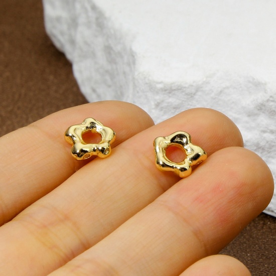 Bild von Umweltfreundlich Messing Perlen Rahmen Blumen Echtgold plattiert 9mm x 9mm
