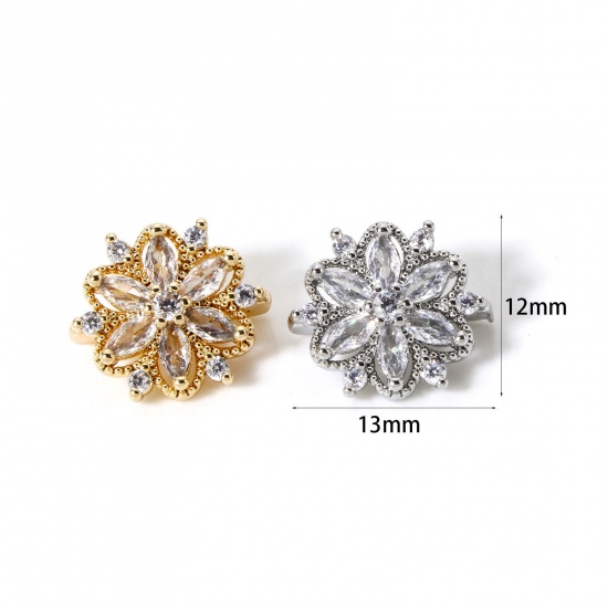 Bild von Umweltfreundlich Messing Abstandsperlen für DIY-Armband-Schmuckherstellung 3 Löcher Echtgold plattiert Blumen Klar Zirkonia 13mm x 12mm, Loch: ca. 1.4mm