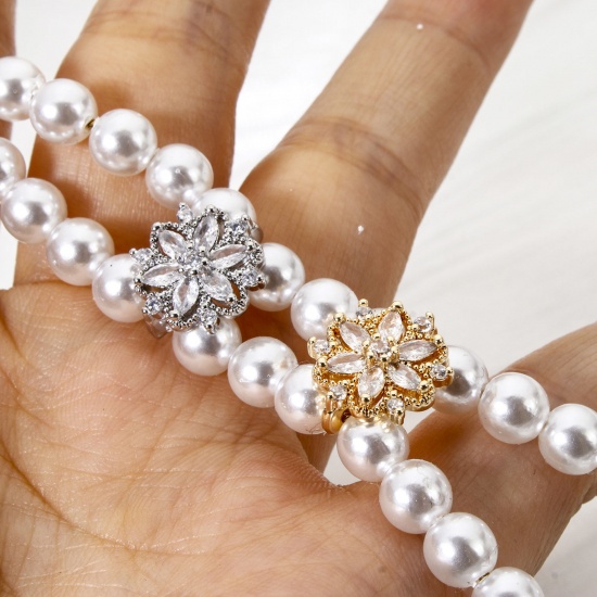 Bild von Umweltfreundlich Messing Abstandsperlen für DIY-Armband-Schmuckherstellung 3 Löcher Echtgold plattiert Blumen Klar Zirkonia 13mm x 12mm, Loch: ca. 1.4mm