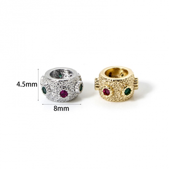 Image de 2 Pcs Perles d'Espacement Accessories pour DIY Fabrication de Bijoux de Bracelet en Laiton Respectueux de la Nature Plaqué Or Véritable Tambour Micro Pave à Zircone Cubique Multicolore 8mm x 4.5mm, Trou: env. 1.4mm