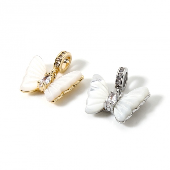 Imagen de 1 Unidad Respetuoso del Medio Ambiente Latón Insecto Colgantes Oro Real Chapado Blanco Mariposa Imitación de Shell Claro Circón Artificial 17mm x 16mm