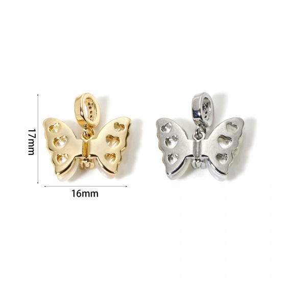 Imagen de 1 Unidad Respetuoso del Medio Ambiente Latón Insecto Colgantes Oro Real Chapado Blanco Mariposa Imitación de Shell Claro Circón Artificial 17mm x 16mm