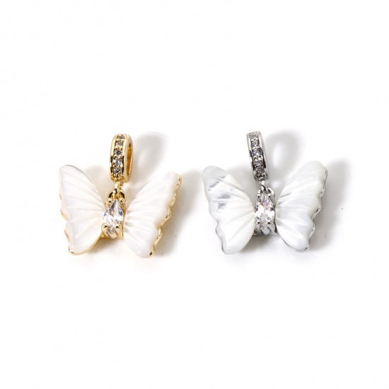 Imagen de 1 Unidad Respetuoso del Medio Ambiente Latón Insecto Colgantes Oro Real Chapado Blanco Mariposa Imitación de Shell Claro Circón Artificial 17mm x 16mm