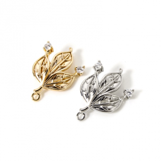 Bild von Umweltfreundlich Messing Steckverbinder Charms Anhänger Echtgold plattiert Blätter Micro Pave Klar Kubischer Zirkon 22mm x 16mm