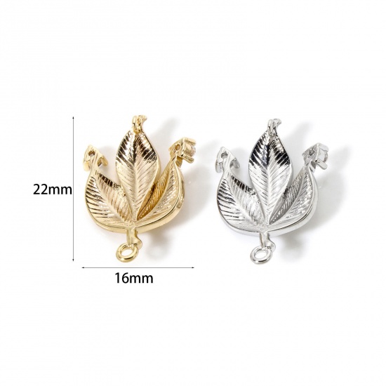 Bild von Umweltfreundlich Messing Steckverbinder Charms Anhänger Echtgold plattiert Blätter Micro Pave Klar Kubischer Zirkon 22mm x 16mm