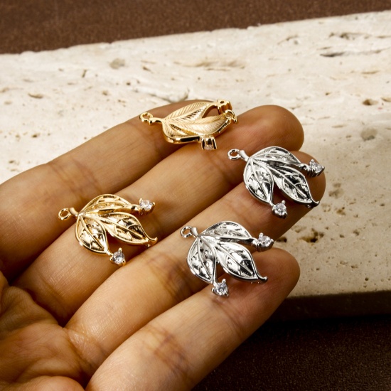Bild von Umweltfreundlich Messing Steckverbinder Charms Anhänger Echtgold plattiert Blätter Micro Pave Klar Kubischer Zirkon 22mm x 16mm