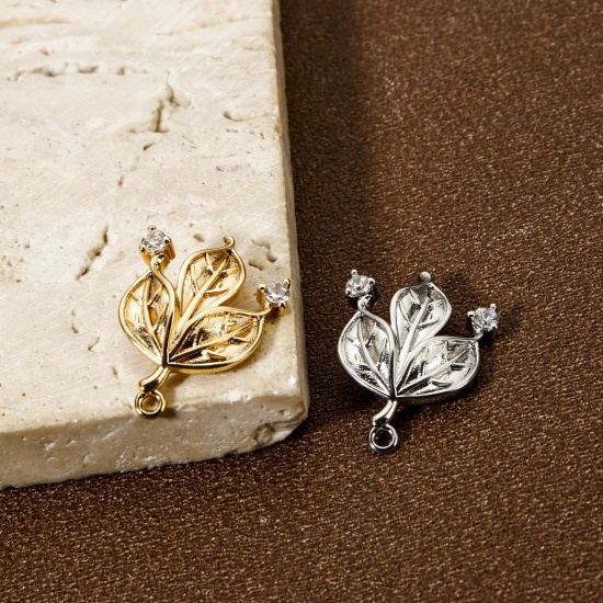 Bild von Umweltfreundlich Messing Steckverbinder Charms Anhänger Echtgold plattiert Blätter Micro Pave Klar Kubischer Zirkon 22mm x 16mm