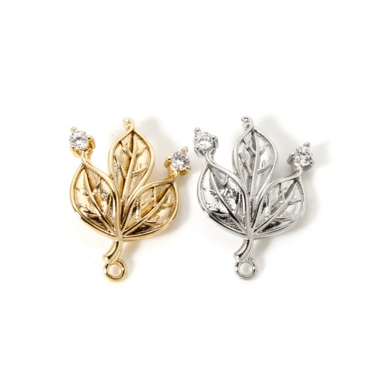 Bild von Umweltfreundlich Messing Steckverbinder Charms Anhänger Echtgold plattiert Blätter Micro Pave Klar Kubischer Zirkon 22mm x 16mm