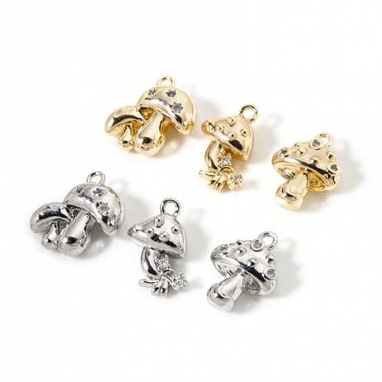 Image de 2 Pcs Breloques Collection Végétale Respectueux de la Nature en Laiton Plaqué Or Véritable Champignon Micro Pave