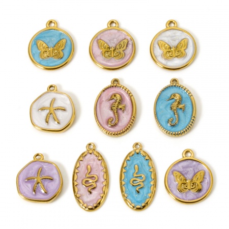 Eco-friendly PVD Vacuum Plating 304 Stainless Steel Charms 18K Real Gold Plated Enamel Oval