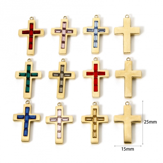 Picture of Eco-friendly PVD Vacuum Plating 304 Stainless Steel Birthstone Charms 14K Real Gold Plated Cross 25mm x 15mm