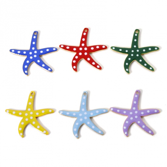 Picture of Zinc Based Alloy Ocean Jewelry Pendants Gold Plated Multicolor Star Fish Dot Double-sided Enamelled Sequins 3.7cm x 3.5cm
