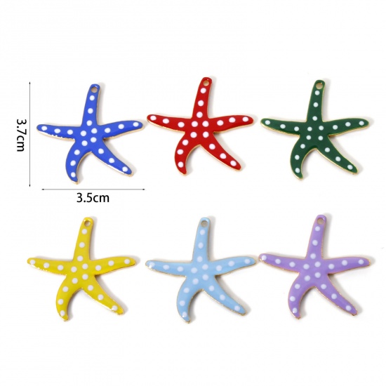 Picture of Zinc Based Alloy Ocean Jewelry Pendants Gold Plated Multicolor Star Fish Dot Double-sided Enamelled Sequins 3.7cm x 3.5cm