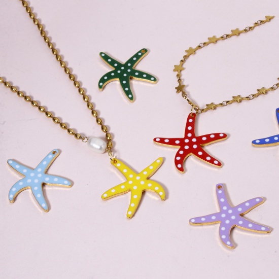 Picture of Zinc Based Alloy Ocean Jewelry Pendants Gold Plated Multicolor Star Fish Dot Double-sided Enamelled Sequins 3.7cm x 3.5cm