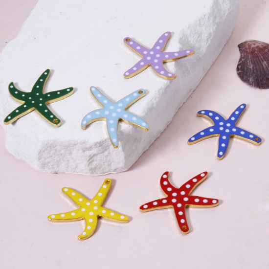 Picture of Zinc Based Alloy Ocean Jewelry Pendants Gold Plated Multicolor Star Fish Dot Double-sided Enamelled Sequins 3.7cm x 3.5cm
