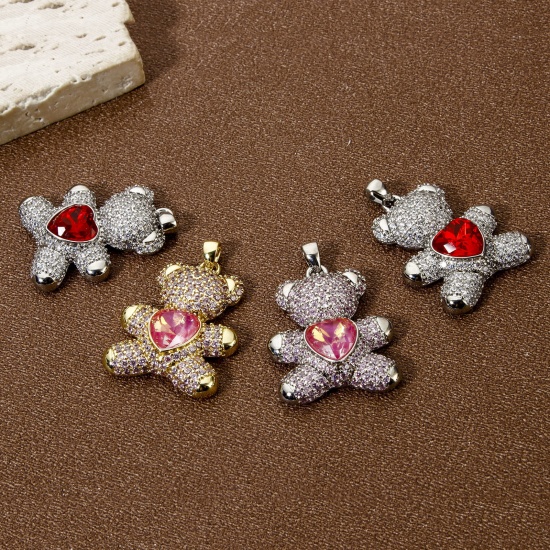 Imagen de 1 Unidad Respetuoso del Medio Ambiente Latón Colgantes Oro Real Chapado Oso Micro Pave 3.1cm x 2.1cm