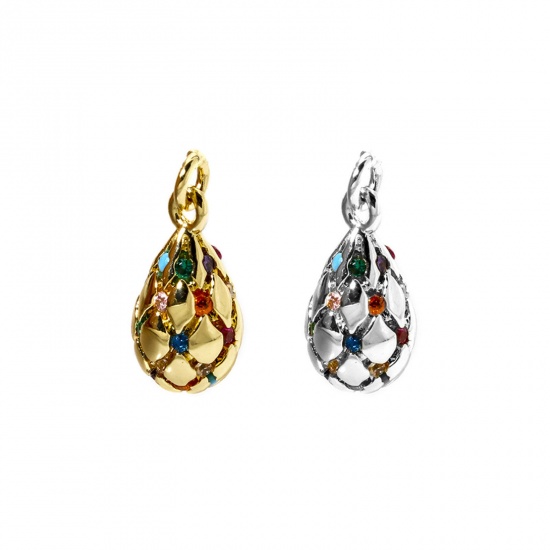 Image de 1 Pièce Breloques Respectueux de la Nature en Laiton Plaqué Or Véritable Goutte d'Eau Micro Pave à Zircone Cubique Multicolore 16mm x 7mm