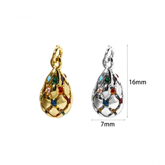 Image de 1 Pièce Breloques Respectueux de la Nature en Laiton Plaqué Or Véritable Goutte d'Eau Micro Pave à Zircone Cubique Multicolore 16mm x 7mm