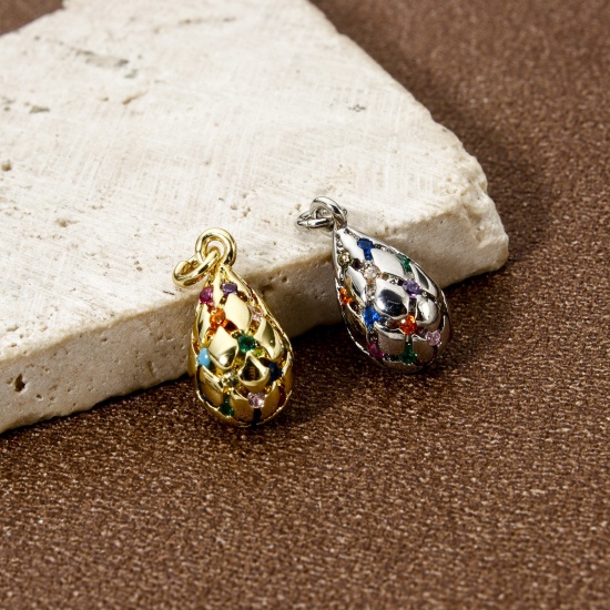 Image de 1 Pièce Breloques Respectueux de la Nature en Laiton Plaqué Or Véritable Goutte d'Eau Micro Pave à Zircone Cubique Multicolore 16mm x 7mm
