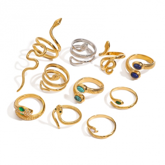 Picture of Eco-friendly PVD Vacuum Plating Retro Real Gold Plated 304 Stainless Steel Open Snake Animal Wrap Rings Unisex Party