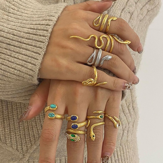 Picture of Eco-friendly PVD Vacuum Plating Retro Real Gold Plated 304 Stainless Steel Open Snake Animal Wrap Rings Unisex Party