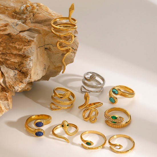 Picture of Eco-friendly PVD Vacuum Plating Retro Real Gold Plated 304 Stainless Steel Open Snake Animal Wrap Rings Unisex Party