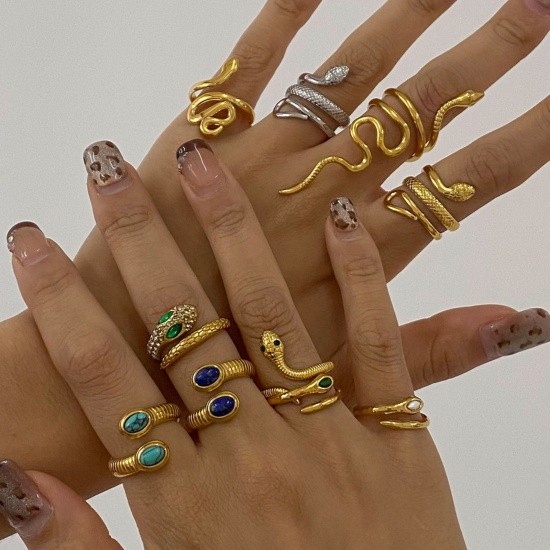 Picture of Eco-friendly PVD Vacuum Plating Retro Real Gold Plated 304 Stainless Steel Open Snake Animal Wrap Rings Unisex Party