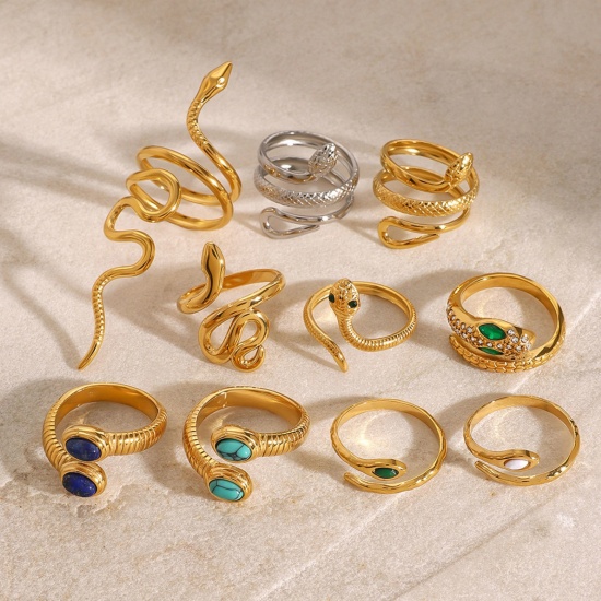 Picture of Eco-friendly PVD Vacuum Plating Retro Real Gold Plated 304 Stainless Steel Open Snake Animal Wrap Rings Unisex Party