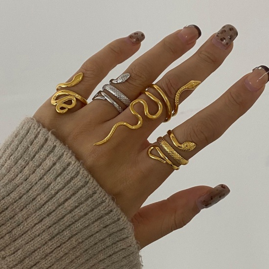 Picture of Eco-friendly PVD Vacuum Plating Retro Real Gold Plated 304 Stainless Steel Open Snake Animal Wrap Rings Unisex Party