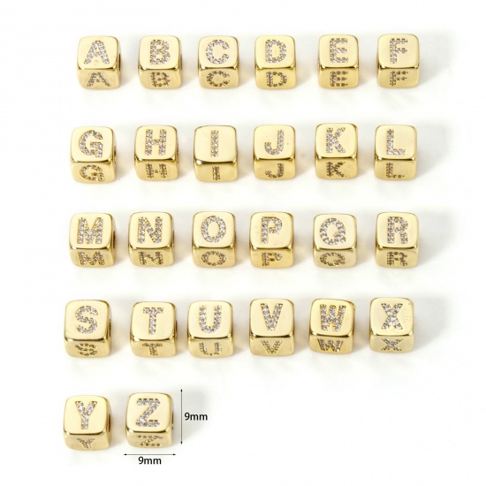 Bild von Umweltfreundlich Messing Perlen zur DIY-Schmuckherstellung 18K Echtgold plattiert Würfel Anfangsbuchstabe/ Großbuchstabe Micro Pave Klar Zirkonia 9mm x 9mm, Loch: ca. 3.5mm