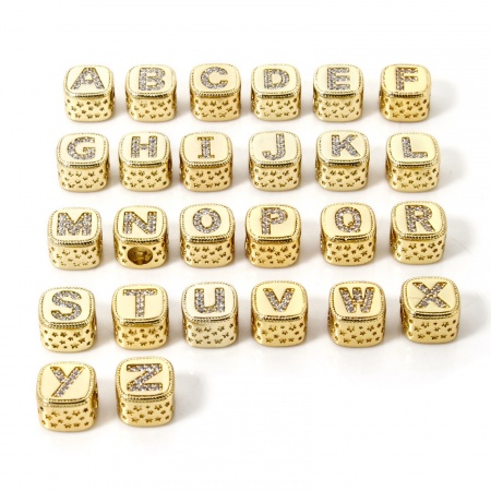 1 Pièce Perles pour DIY Fabrication de Bijoux en Laiton Respectueux de la Nature Plaqué Or Véritable 18K Cube Alphabet Initial/ Lettre Majuscule Micro Pave à Zircone Cubique Clair 9mm x 9mm, Trou: env. 3.8mm