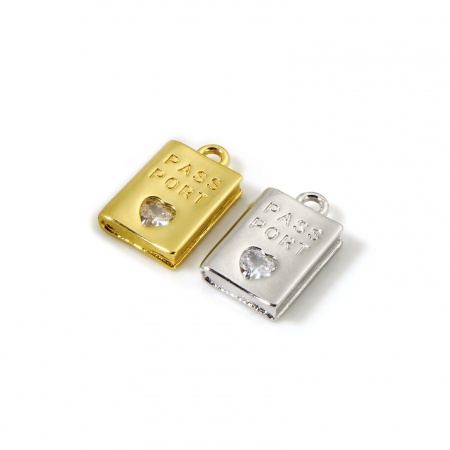 Brass Travel Charms Multicolor Passport Heart Clear Cubic Zirconia 12mm x 7.5mm