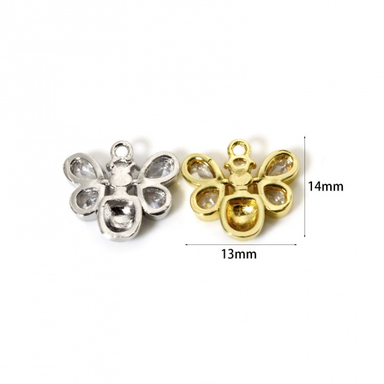 Bild von Messing Insekt Charms Bunt Schwarz Emaille Biene Klar Kubischer Zirkon 14mm x 13mm