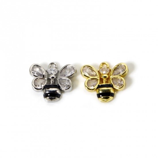 Bild von Messing Insekt Charms Bunt Schwarz Emaille Biene Klar Kubischer Zirkon 14mm x 13mm