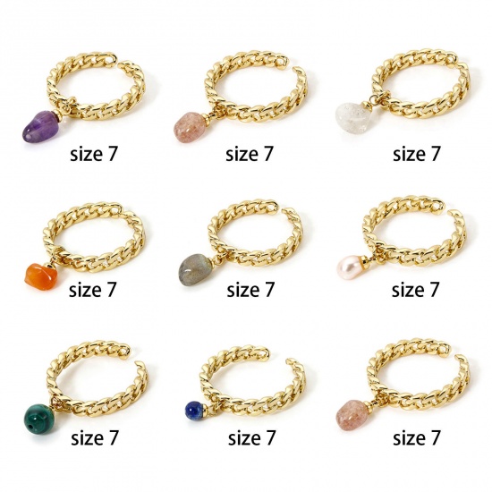 Picture of Eco-friendly Retro Simple 18K Real Gold Plated Brass & Gemstone Open Chip Beads Rings For Women 17.3mm(US Size 7)