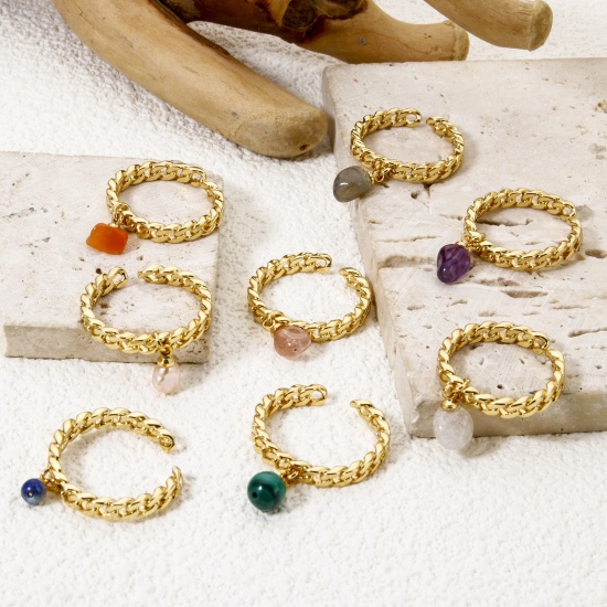 Picture of Eco-friendly Retro Simple 18K Real Gold Plated Brass & Gemstone Open Chip Beads Rings For Women 17.3mm(US Size 7)