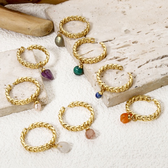 Picture of Eco-friendly Retro Simple 18K Real Gold Plated Brass & Gemstone Open Chip Beads Rings For Women 17.3mm(US Size 7)