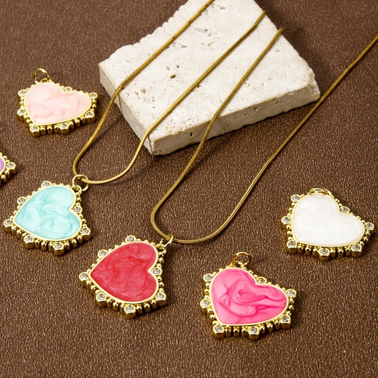 Imagen de 1 Unidad Respetuoso del Medio Ambiente Latón día de San Valentín Colgantes 18K Oro Real Chapado Esmalte Corazón 24mm x 24mm