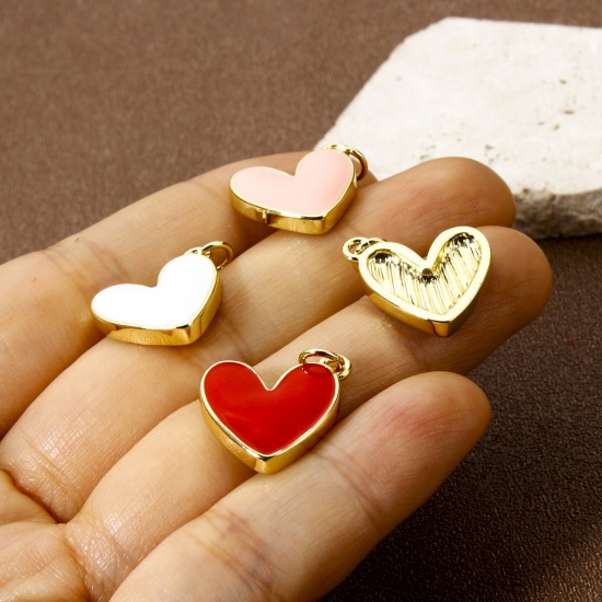 Image de 2 Pcs Breloques La Saint Valentin Respectueux de la Nature en Laiton Plaqué Or Véritable 18K Émail Cœur 20mm x 16mm