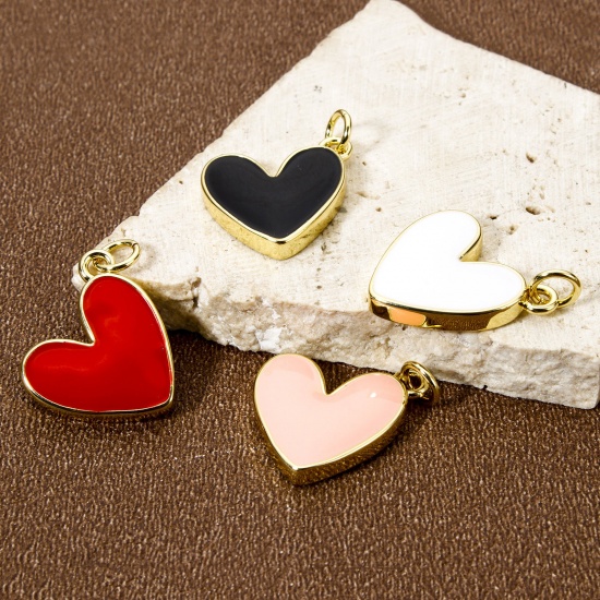Image de 2 Pcs Breloques La Saint Valentin Respectueux de la Nature en Laiton Plaqué Or Véritable 18K Émail Cœur 20mm x 16mm